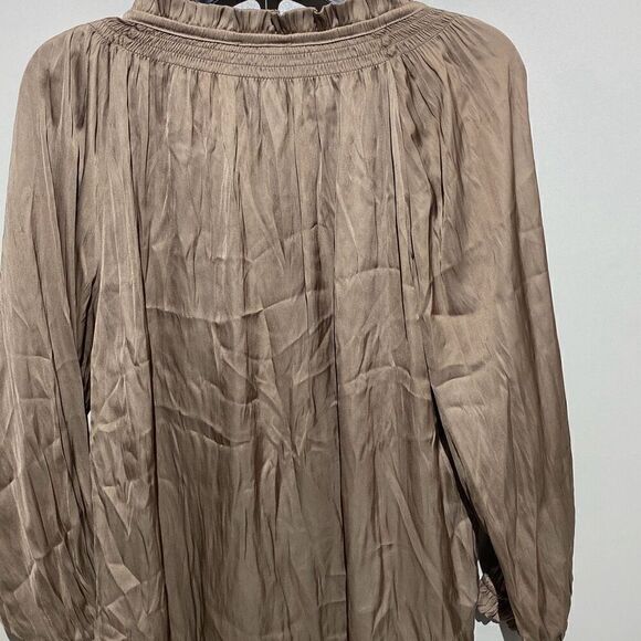Carmen Marc Valvo Women's Taupe Tan Ruffles Neck Tie Satin Blouse Top Large - Picture 5 of 8